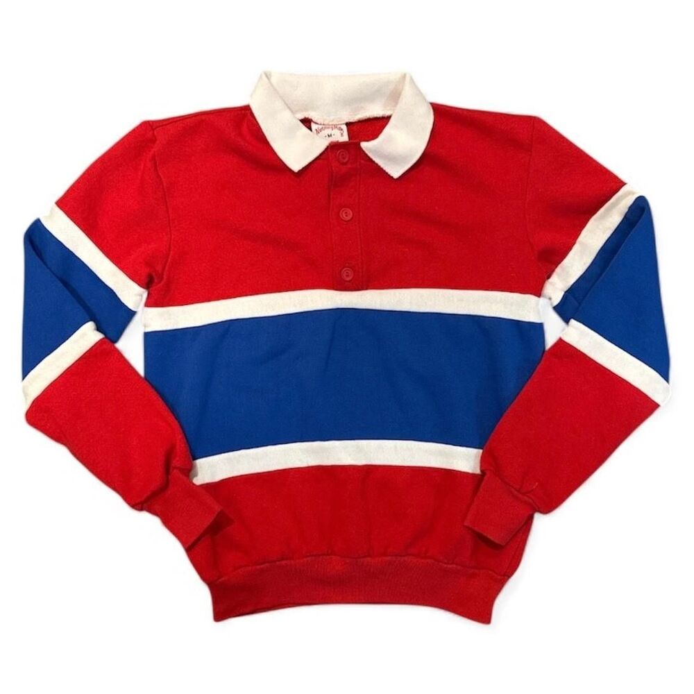 Vintage Nutmeg Mills Shirt Sz M Red Blue Rugby Colorblock Striped 80s Made USA
